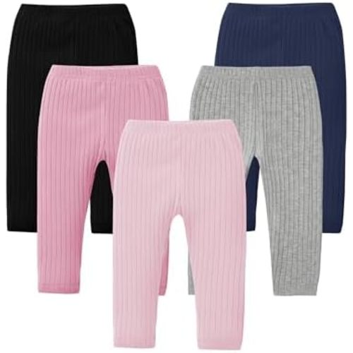 Resinta 5 Pack Baby Girl Pants Soft Cotton Ribbed Toddler Girl Leggings Stretchy Pull On Infant Pants for 0-4 Years
