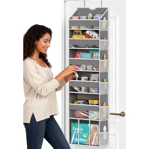 Over The Door Organizer with 6 Large Clear Pockets 12 Mesh Side Pockets - 50LB Heavy Duty Behind Door Storage, Door Hanging Storage for Closet Bathroom Pantry Nursery Laundry