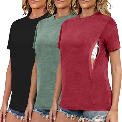 Ecavus Women's 3-Pack Nursing Shirts for Breastfeeding with Hidden Zippers Loose Fit Maternity Tops