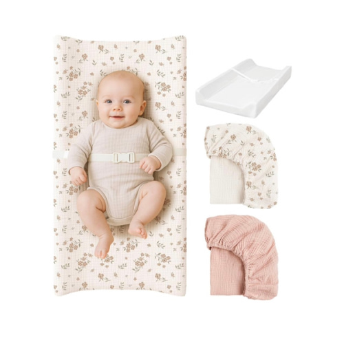 Konssy Muslin Changing Pad with Waterproof Lining Foam, Includes 2 Pack Soft & Cotton Cover, Baby Diaper Changing Pad for Dresser or Table, 32x16 inches (Blossom,Pink)