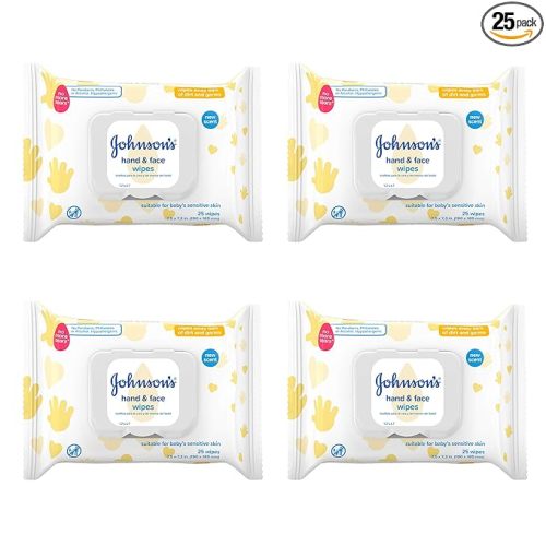 Johnson's Baby Hand & Face Baby Sanitizing Cleansing Wipes for Travel and On-The-Go, No More Tears Formula, Paraben and Alcohol Free, 25 ct, Case of 4