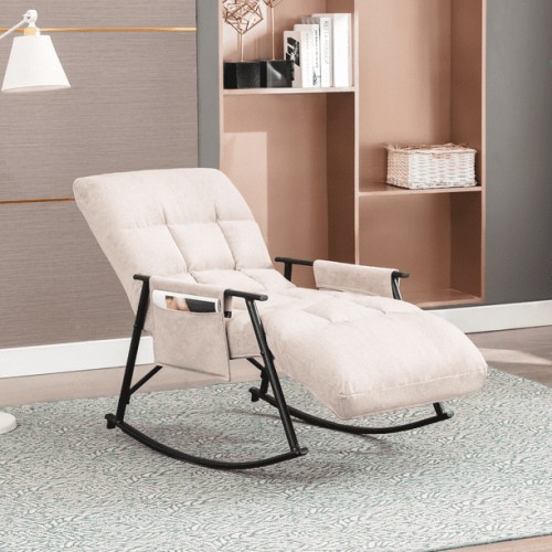 BALUS Upholstered Rocking Chair with Safe Metal Base, Rocking Armchair with Side Pocket, Comfy Wingback Glider Rocker, Adjustable High Back, for Living Room Bedroom Balcony(Beige)