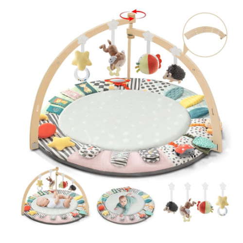 Baby Play Mat Activity Gym,6 Developmental Zones Tummy Time Mat, Foldable Wooden Baby Play Gym with 7 Detachable Sensory Toys for Newborn Brain Development, Essential Baby Shower Set