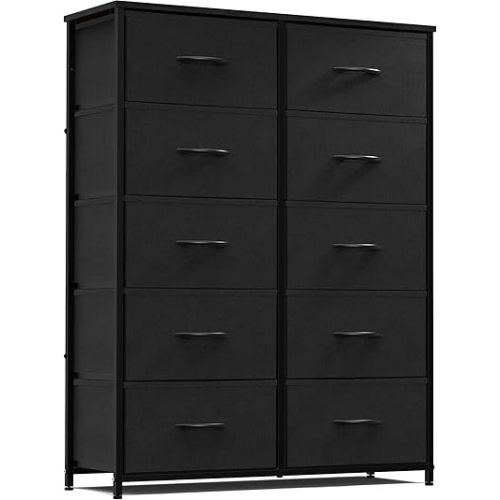 Sweetcrispy Dresser, Tall Dresser for Bedroom, Drawer Dresser Organizer Storage Drawers with 10 Drawers, Chest of Drawers with Fabric Bin, Steel Frame, Wood Top for Bedroom, Closet, Entryway