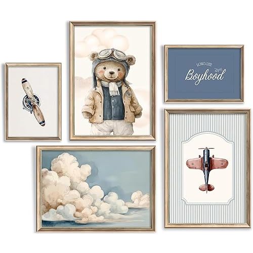 Vintage Baby Boy Nursery Wall Art Retro Airplane Travel Kids Room Canvas Wall Decor Teddy Bear Pictures Navy Blue Aviation Posters Cloudy Sky Painting Print Artwork for Boy Room Playroom, Unframed