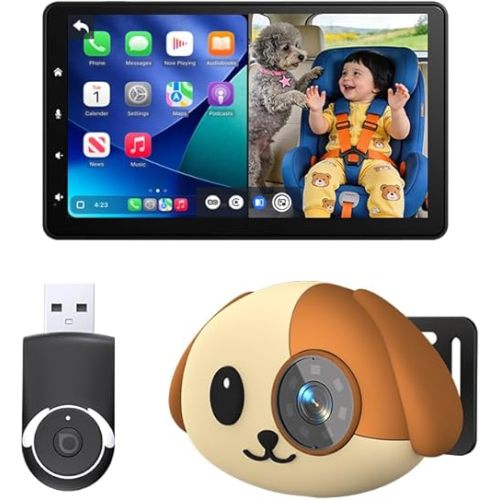 2-in-1 Baby Car Camera & Wireless CarPlay Adapter-No Extra Screen Needed, 1080P Car Baby Monitor for No-Glow Night Vision, 150° Wide Angle, Plug&Play (No Android Support)
