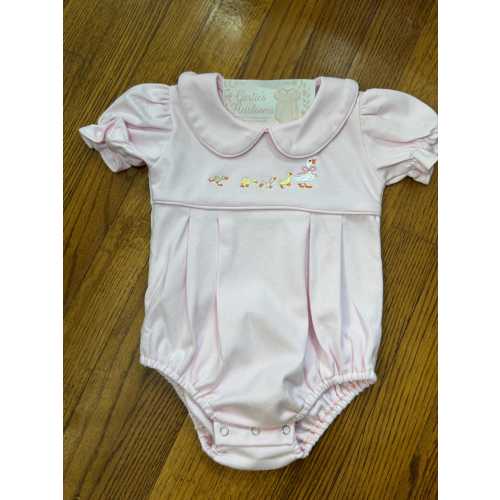 Baby Girl Pink Bubble Romper with Embroidered Duck Parade – Vintage Southern Heirloom Style