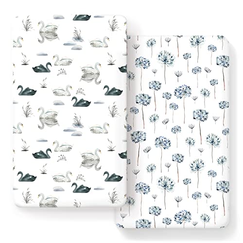 Stretch Ultra Soft Jersey Knit Fitted Crib Sheets Set 2 Pack, Fits All Standard Crib Mattress Pads Safe and Snug, Crib Fitted Sheet for Baby, Pretty Swan/Watercolor Dandelion for Baby