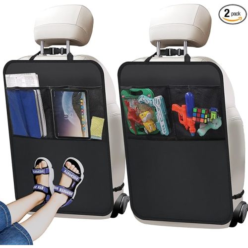 2 Pack Kick Mat Backseat Protector,Back Seat Cover for Kids,Car Seat Back Protectors with 2 Pocket Storage Organizer for Car, SUV, Minivan or Truck Seats (Black)