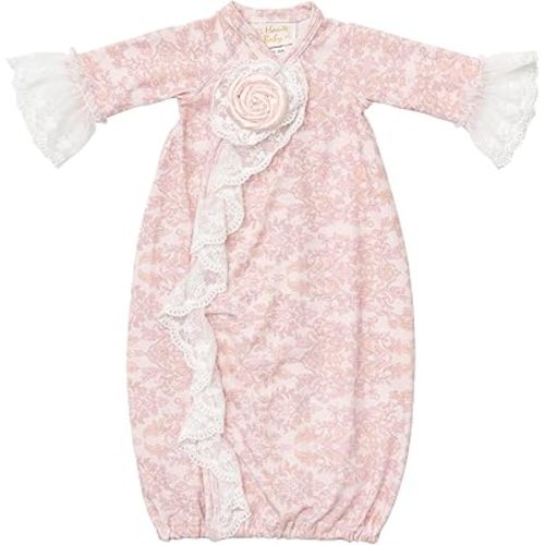 Haute Baby Baby Girl Gown | Cream Floral Cotton Infant Gown with Pink Lace Ruffle & Rose Accent | Soft Newborn Long Sleeve Apparel