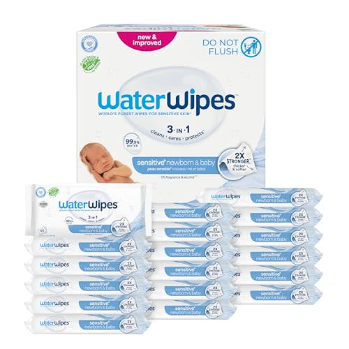 WaterWipes Sensitive+ Newborn & Baby Wipes, 3-In-1 Cleans, Cares, Protects, 99.9% Water, Unscented & Hypoallergenic, 1080 Count (18 Packs)