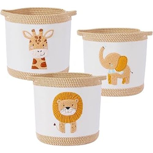 3-Piece Woven Baby Toy Baskets Laundry Hampers, Foldable Nursery Organizer for Toys Clothes Stuffed Animals, Roomy Sturdy Hampers for Baby Gift Nursery Decor Baskets Lion/Giraffe/Elephant Design
