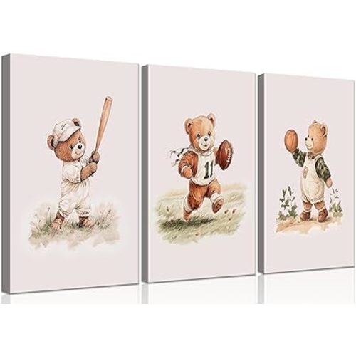Nursery Bear Wall Art Boy Sports Canvas Wall Decor Nursery Animal Prints Teddy Bear Pictures Painting Football Basketball Football Kids Room Prints Artwork for Children Bedroom Playroom 12x16 Inch