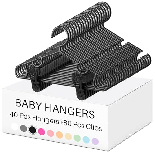 Hsei 5/10/40 Pack Baby Hangers with 10/20/80 Clips, Plastic Kids Pants Hangers for Nursery Closet Top and Bottom Clothes Hanger Set for Newborn Infant Toddler(120 Packs Total,Black,10.6 Inch)
