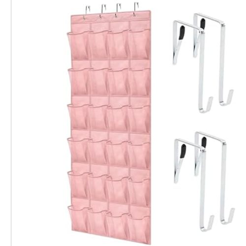 GORILLA GRIP Over the Door Shoe Organizer, 24 Large Breathable Mesh Pockets, Space Saving Hanging Storage Holder, Closet Rack Hanger Holds Up to 40 lbs, Hangs on Closets for Shoes, Accessories, Pink