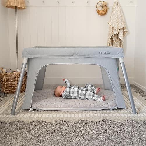 Newton Baby Compact Travel Crib & Play Yard | Breathable & Washable Mattress, Foldable Carry-On Size, Backpack Straps, Gray, Newton Bassinet Attachment NOT Compatible
