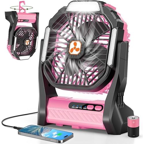 Portable Rechargeable Fan, 20000mAh Cordless Battery Powered Camping Tent Fans with SOS & LED Lantern, Small USB C Operated Outdoor Ventiladores for Travel Camp Fishing Office Home Essentials (Pink)