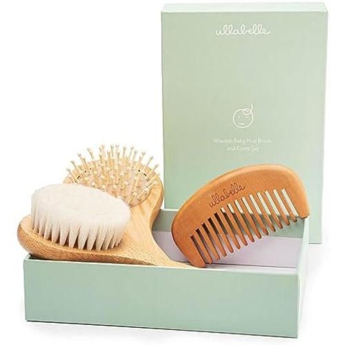 3 Piece Wooden Baby Hair Brush and Comb Set for Newborns & Toddlers in Chic Gift Box - Ultra Soft Natural Goat Hair and Wood Baby Brush Set Prevents Cradle Cap - Perfect Registry Gift (Sage)