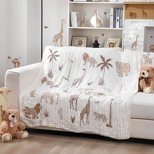 SmoothNovelty Safari Animal Muslin Blanket 47 x 47 Inch Warm Soft Cotton Muslin Swaddle Blanket Nursery Swaddling Wrap Quilt for Bedding Gift, Cold Weather, Jungle Theme Nursery Decor