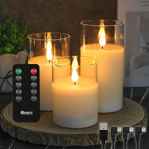Glass Rechargeable LED Flickering Flameless Candles with Remote and Timer
