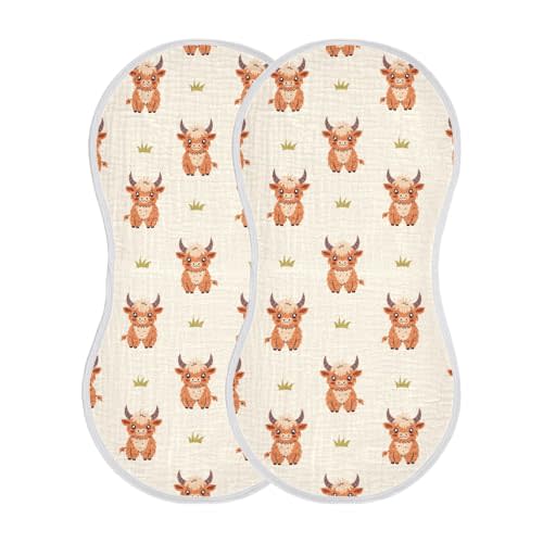 JHKKU Highland Cow Muslin Burp Cloths for Baby Boys and Girls - 2-Pack Ultra Absorbent Muslin Washcloths, Newborn Towel, Milk Spit Up Rags, Burp Cloth Bibs for Unisex, 22 x 11 Inch