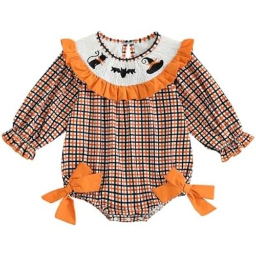 Newborn Infant Baby Girl Halloween Outfit Clothes Smocked Cat Bat Embroidery Romper Ruffle Plaid Bubble Bodysuit