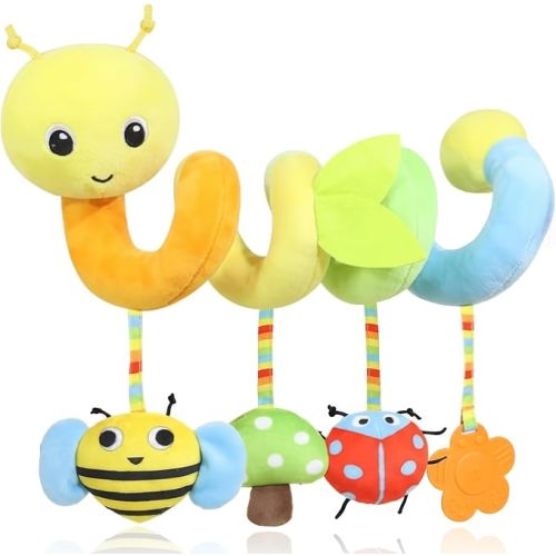 Carseat Toys Hanging for Babies 0-6-12 Months, Crib Toy Hanging Plush Spiral Car Seat Toy, with Rattle, Teether & Mirror, Stroller for Baby Boys & Girls, Infant Car Seat Toys