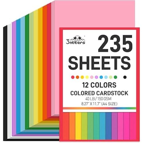 3 otters 235Sheets 8.27" x 11.7" Construction Paper Assorted Colors, 12 Colored Cardstock Printer Paper, for Printing, DIY Crafts, Party Decorations, Teacher Kids Classroom Must Have, 40 lb/150 GSM