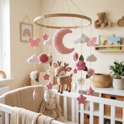 Crochet Deer Baby Mobile, Floral Crib Mobile, Pink Woodland Nursery Decor, Moon Baby Mobile, Baby Shower Gift