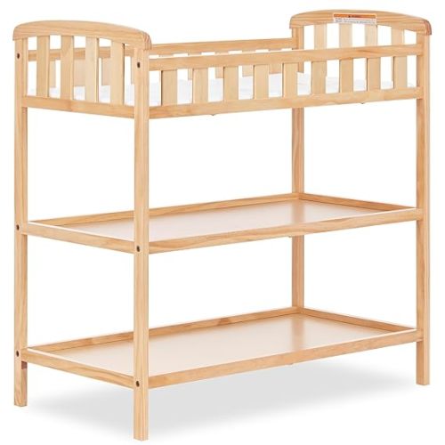 Dream On Me Emily Changing Table, Compact and Lightweight, Solid New Zealand Pinewood, Elevated Safety Rails, Two Storage Shelves, Includes Water-Resistant 1" Changing Pad — Natural