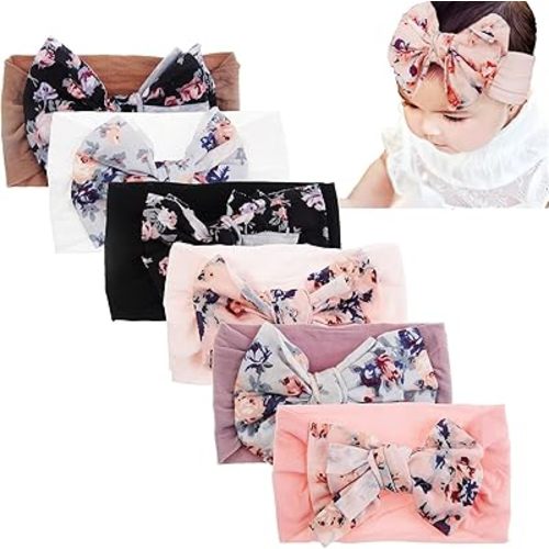 6 Pack Cute Toddler Baby Girls Elastic Soft Nylon Headwraps Infant Knot Bow Headband Turban (Pink Set-6pcs)