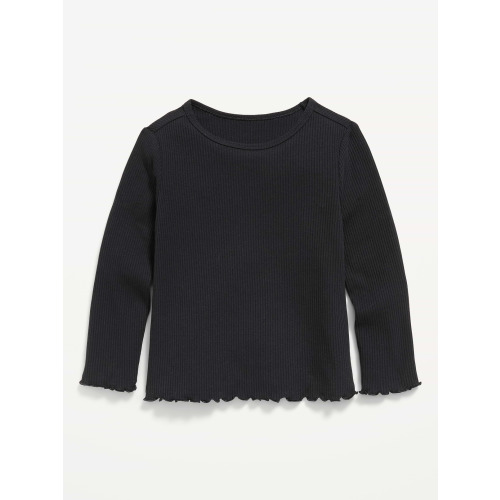 Fitted Long-Sleeve Ribbed Lettuce-Edge T-Shirt for Toddler Girls