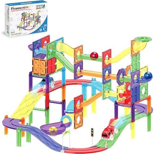 PicassoTiles 121pc Magnetic Tile Race Track Marble Run Magnet Tiles 3-in-1 Playset Car Racing Construction Set STEM Learning Early Education Building Toy Cars for School Toddlers Boys Girls Ages 3+