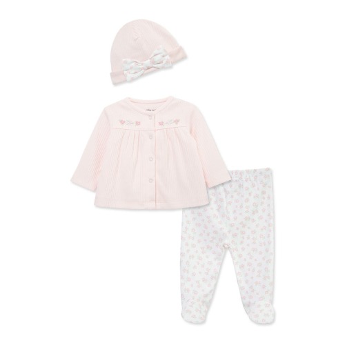 Pretty Floral Organic Cotton Cardigan, Pants & Hat Set