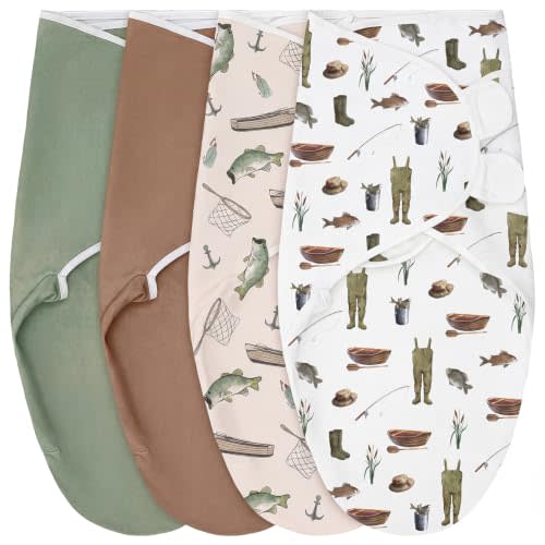 CroBlissful 4 Pack Fishing Swaddles for Newborns, Cotton | Adjustable Sleep Swaddle for 0-3 Months, Breathable Wearable Blanket, Nursery Decor for Baby Boys Girls, Zipper