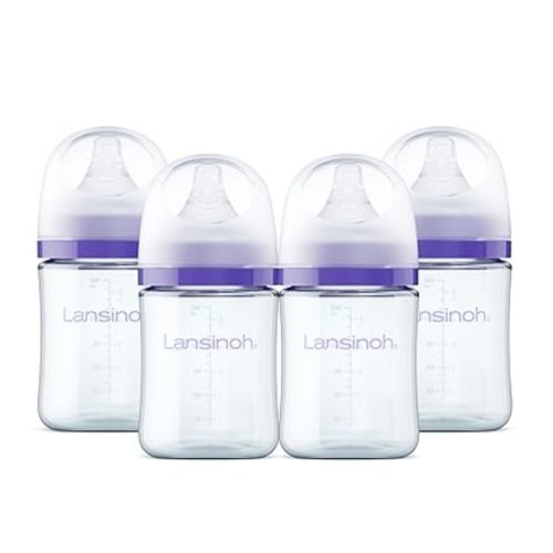 Size S | Lansinoh Glass Baby Bottles, Anti-Colic, 5 Ounces, 4 Count Bottles for Feeding, Baby Essentials, Includes 4 Slow Flow Nipples, Size S
