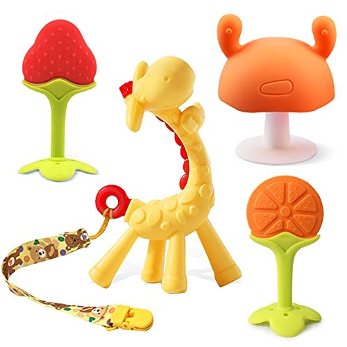 Baby Teethers 0-6 Months,Silicone Teething Toy Giraffe Mushroom Fruit Teether for Babies,Soft Baby Chew Toys for Soothe Babies Sore Gums for New Born Babies Toddlers Infants Boys Girls-4Pcs