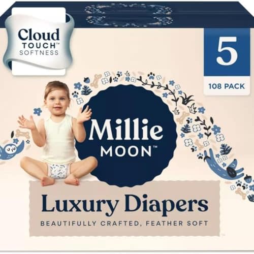 Millie Moon Luxury Diapers for Sensitive Skin – Hypoallergenic, Ultra Soft Plant-Based Disposable Toddler, 12-Hr Leak Protection & Wetness Indicator, 5 108 Count