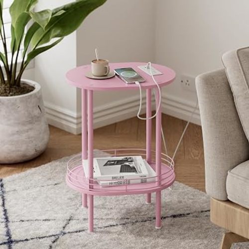 Small Oval Side Table with Charging Station, 2-Tier Pink Round End Table