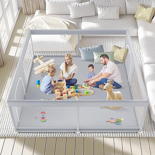 79" ×79" Extra Large Baby Playpen, Baby Playard for Babies and Toddlers, BabyFence Play Pens for Indoor & Outdoor, Sturdy Safety Play Yard with Soft Breathable Mesh, Anti-Fall, Grey