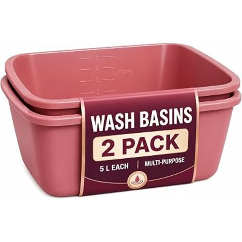 Plastic Wash Basin 2 Pack - 5 Liter Rectangle Plastic Tub with Rolled Rim - Good for Washing Limbs and Carrying Liquid - Good for Hospitals, Nursing Homes, and Medical Facilities