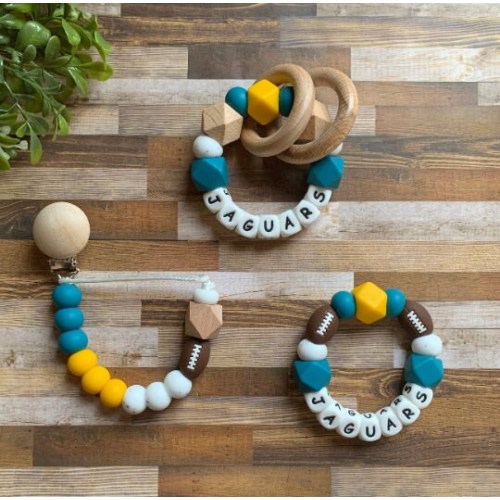 Jacksonville Jaguars Toy Collection - Football Pacifier Clip - Jaguars Baby Toy - Baby Rattle - Blue, Yellow - Football - Baby Gift - Shower