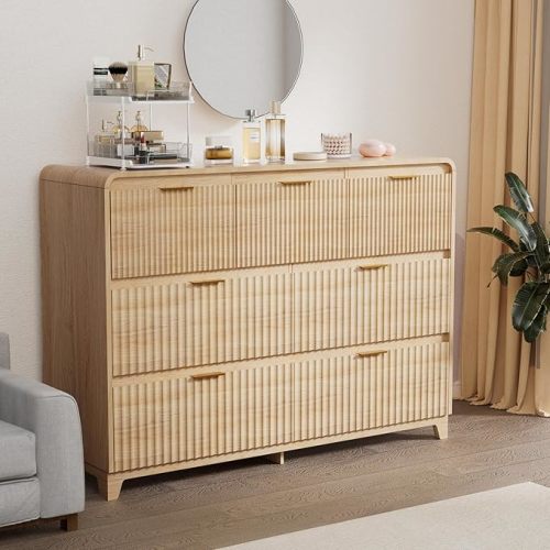 Fluted 7 Drawers Dresser for Bedroom, 47.2" Wide Modern Chest of Drawers with Metal Handle, Wooden Dresser Closet Organizers and Storage Drawer, TV Stand for Living Room, Bedroom, Hallway, Natural