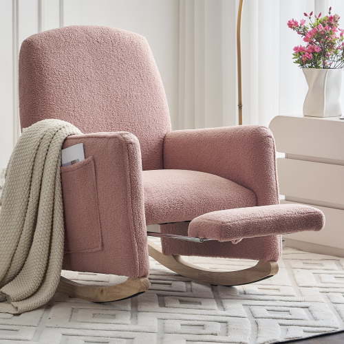 Rocking Chair Nursery, Nursery Rocking Chairs with Adjustable Footrest and Side Pocket, Comfy Rocking Chairs in Teddy Fabric, Reading Arm Glider Chair for Living Room, Bedroom, Offices, Pink