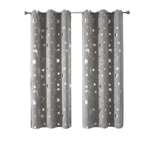 AUQ Gray Star Blackout Curtains for Kids Nursery,Silver Star and Moon Printed Small Curtains Thermal Insulated Room Darkening Space Curtain Drapes for Baby Room,2 Panels,52'' x 54''