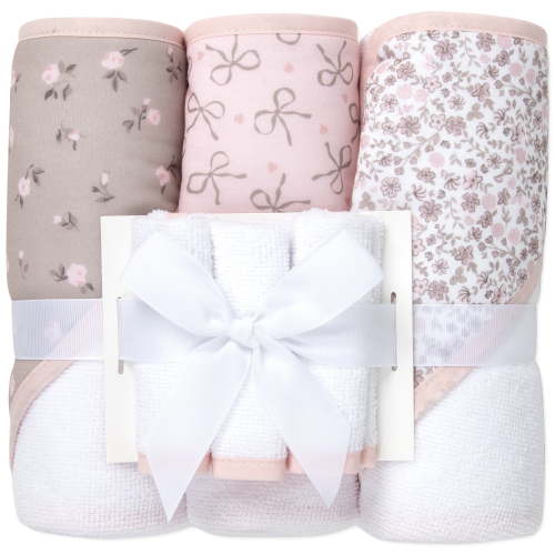 Jessica Simpson Baby 6-Piece Hooded Towel & Washcloth Set – Soft Polyester Baby Bath Towels – Pink & Green Floral Design (Pink Floral & Bows)