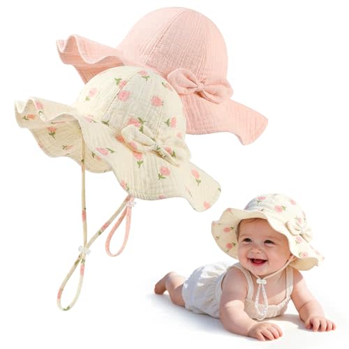 2 Pack Baby Sun Hat, Muslin Newborn Sun Hat UPF 50+ Sun Protection Infant Beach Hat with Wide Brim for 0-24 Months