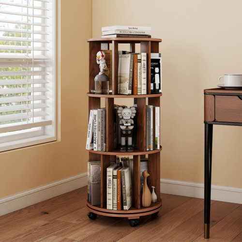 Wrought Studio™ 3-Tier Rotating Bookshelf with Wheels, 360-Degree Swivel Wood Bookcase Tower, Rolling Storage Organizer for Bedroom, Kids Room, Home Office, Walnut | Wayfair