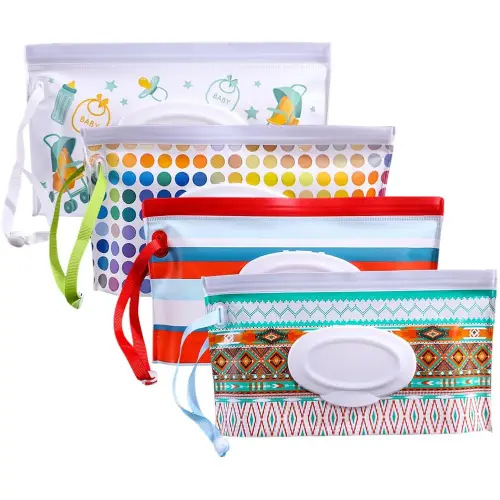 4PCS Baby Wipes Dispenser Travel Baby Wipe Holder Portable Wet Wipe Dispenser Bag Reusable Travel Baby Wipes Container Refillable Wet Wipe Carrying Case Holder Wet Wipe Pouch