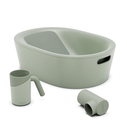 Lalo Bathtime Starter Kit - 3-Piece Set Includes Modern Baby Bathtub, Rinse Cup & Spout Cover - Safe, Easy to Clean Design for Newborns - 25.3 x 18 x 7.7 in, 10 lb - Sage